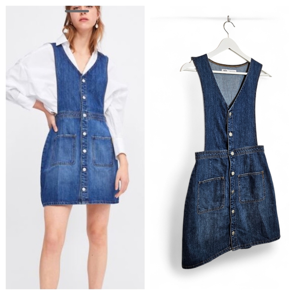 Zara Blue Denim Pinafore Dress XS Snap Front Pockets Casual Y2K